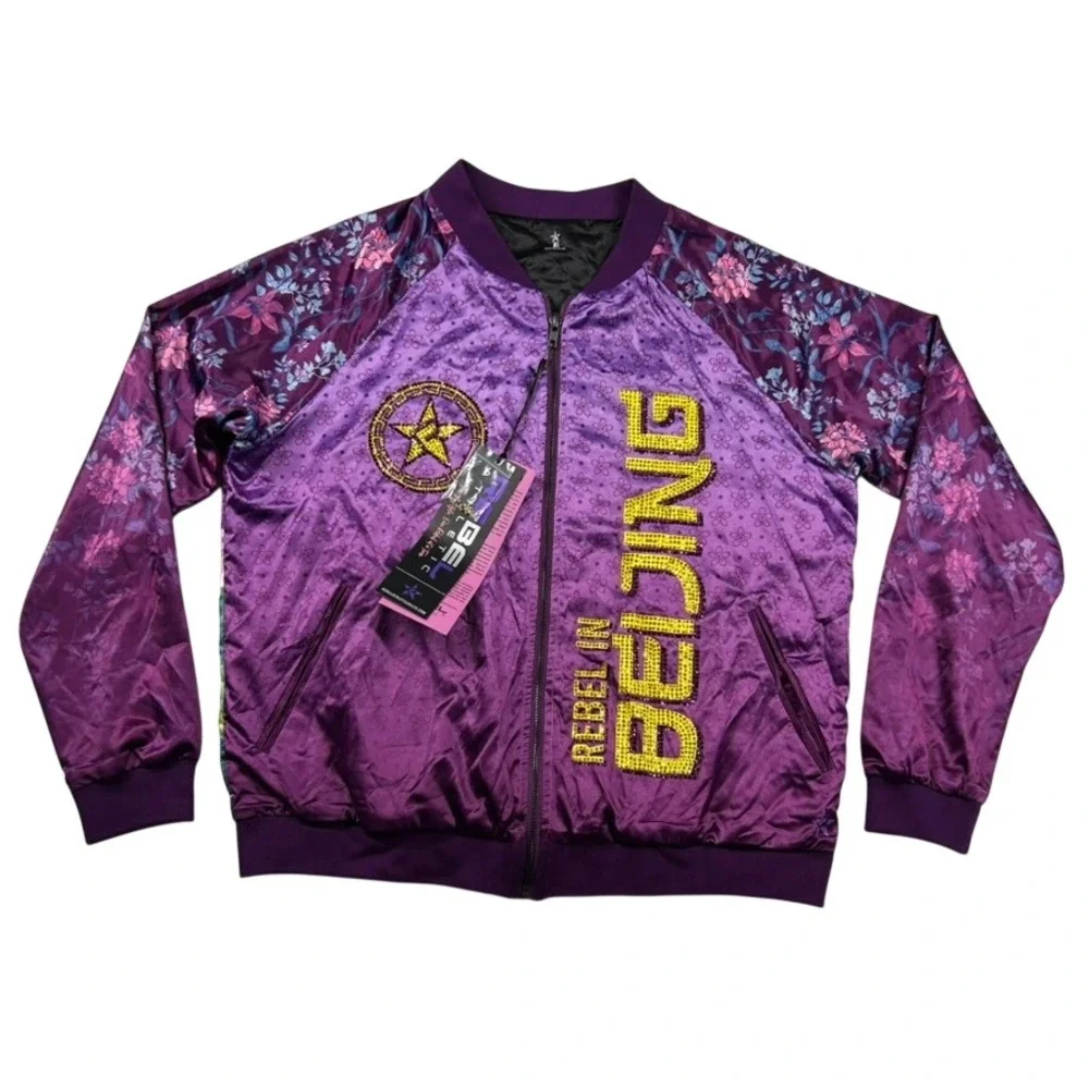 Rebel Athletic Bomber Jacket Womens L Beijing Satin Sequin Dragon Great Wall